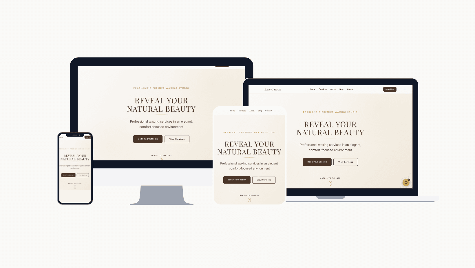 Bare Canvas waxing studio website design - responsive mockup showing homepage on desktop, laptop, tablet and mobile devices featuring elegant beauty-focused layout