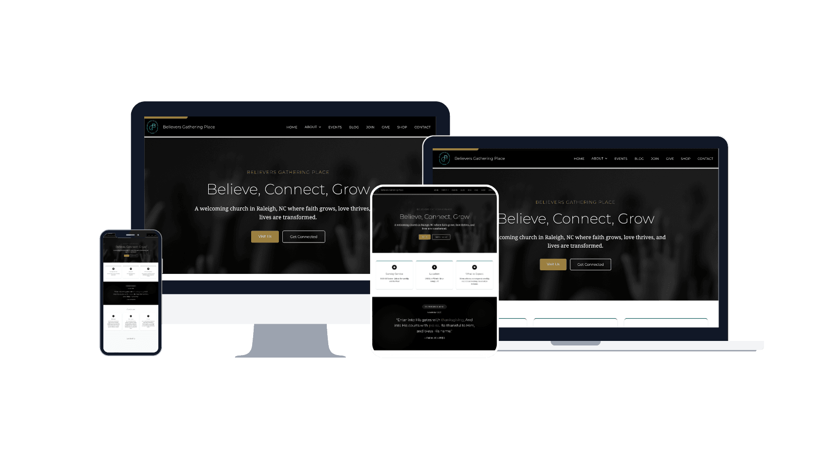 Believers' Gathering Place church website design - responsive mockup showing homepage on desktop, laptop, tablet and mobile devices featuring clean ministry-focused layout