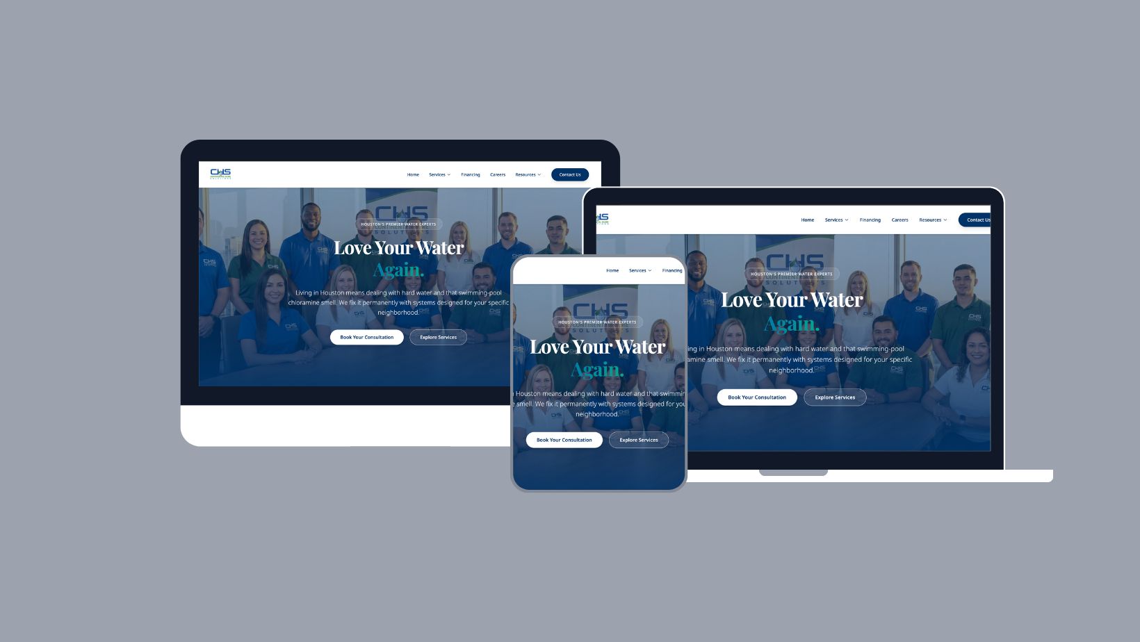 Continental Home Solutions website design - responsive mockup showing water treatment services homepage on desktop, tablet and mobile devices with Love Your Water Again tagline