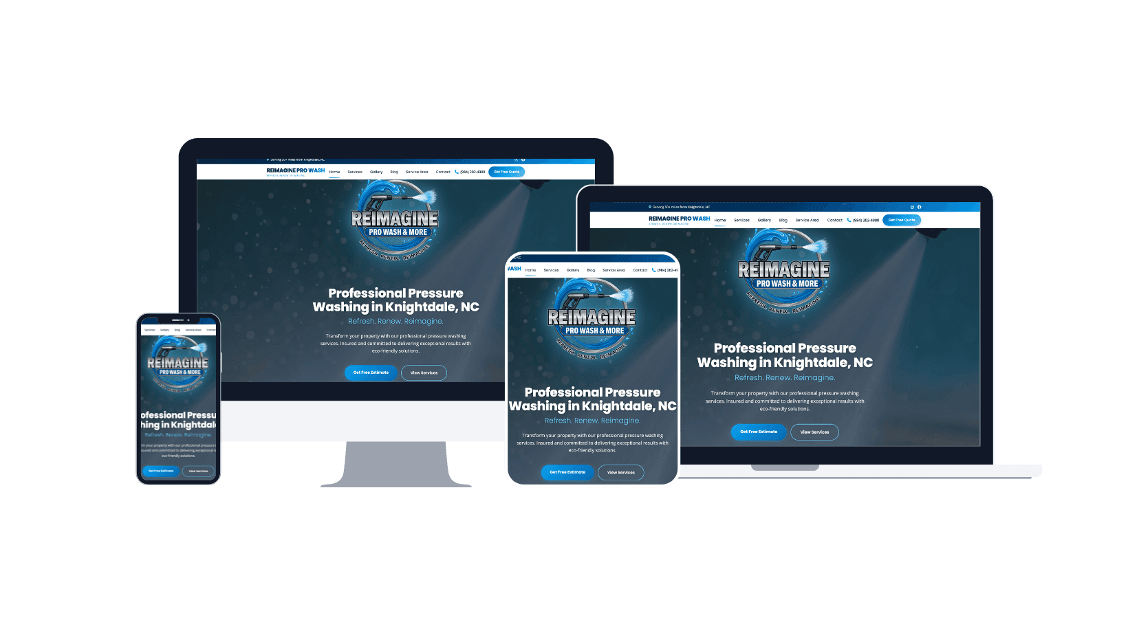 Reimagine Pro Wash website design - responsive mockup showing homepage on desktop, laptop, tablet and mobile devices